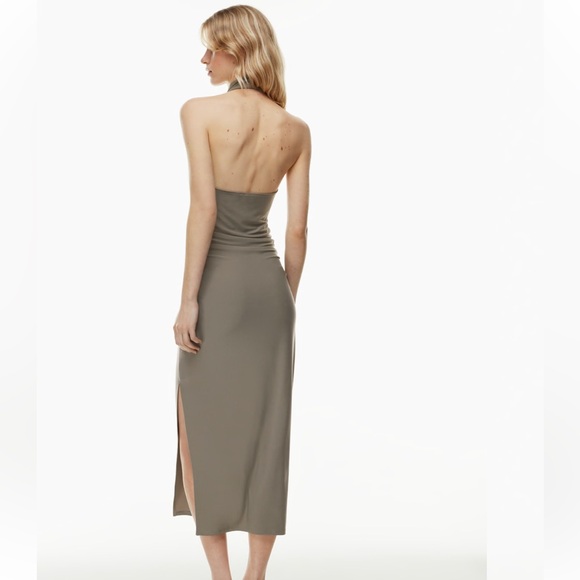WILFRED / ARITIZIA TAUPE‎ HALTER NECKLINE FITTED “REMEDY” MIDI DRESS WITH SLIT - Picture 5 of 13